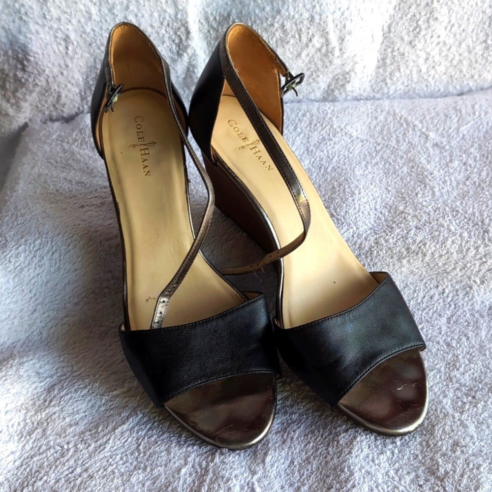 Cole Haan ,Wedge Heel,  2 Tone , Black/ Gold Trim, Sandals